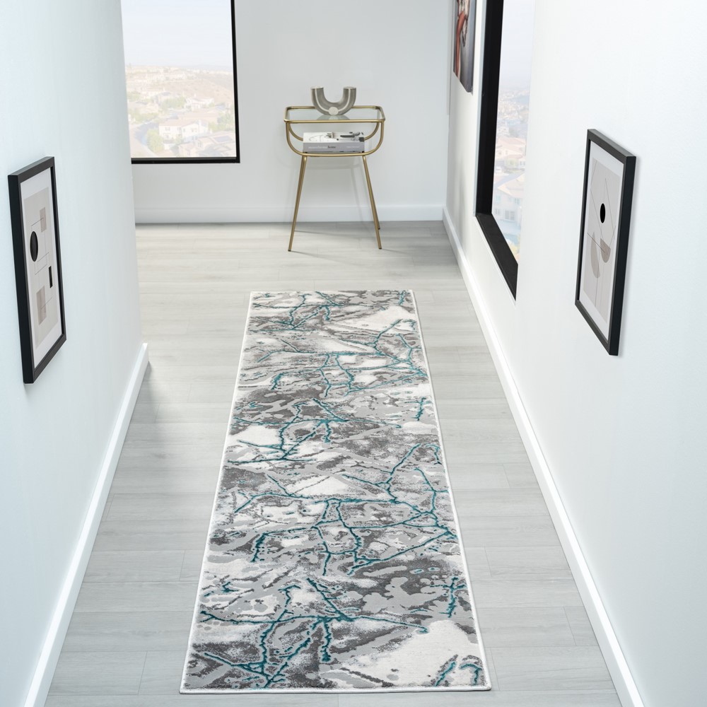 Bianco 185KB Marble Abstract Runner Rug in Cream Blue